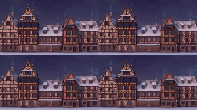 白雪冬夜的中世纪老镇的空荡街3D动画