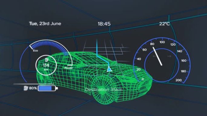 车辆接口上的速度计，gps和充电状态数据的动画，通过3d汽车模型