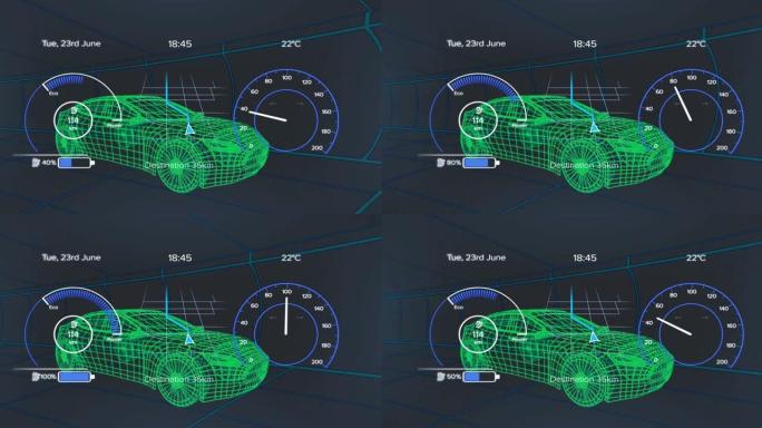 车辆接口上的速度计，gps和充电状态数据的动画，通过3d汽车模型