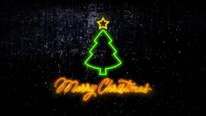 4k动画圣诞背景，闪烁的霓虹灯树和圣诞快乐刻字