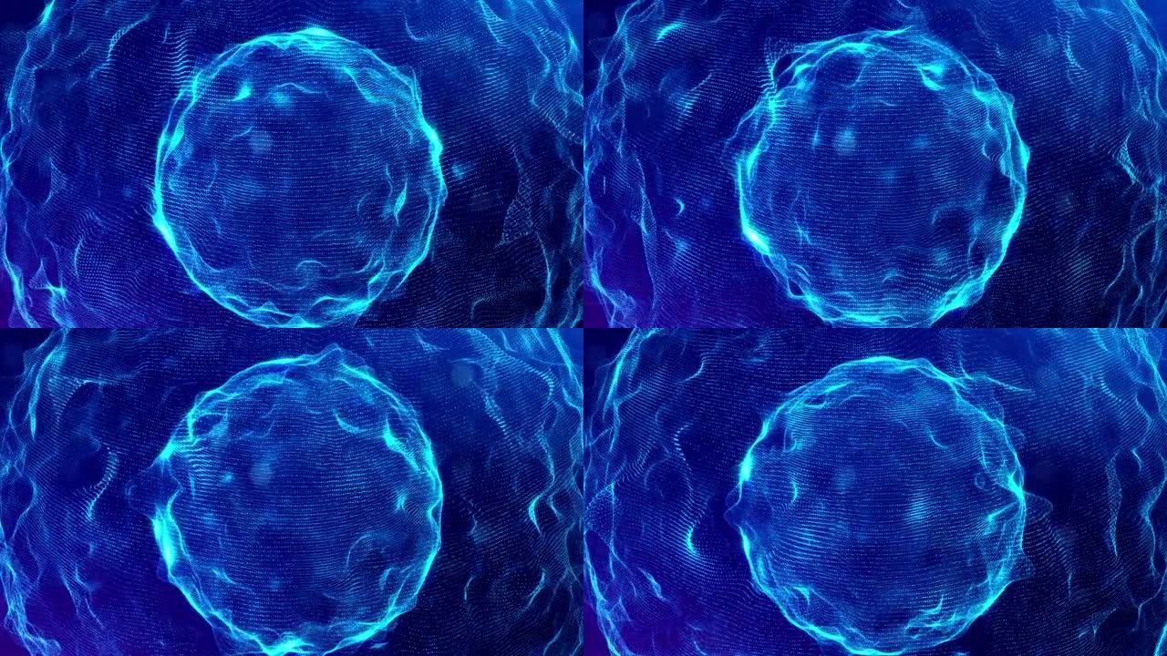 3d循环bg科幻背景数字空间与全息图球体。带有辉光粒子的蓝色高科技领域在球形表面上形成线和波。高科技