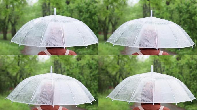 街上雨下有透明伞的女人，特写，后视图