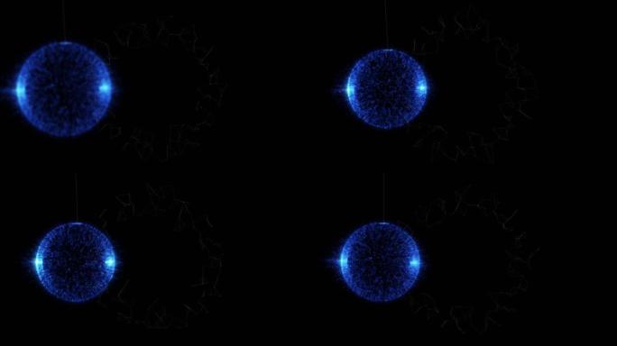 圣诞蓝色小摆设的雪花动画，黑色背景上有复制空间