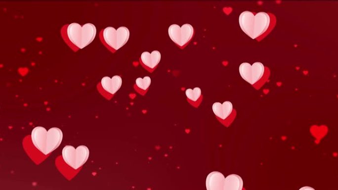 红色和粉红色的心脏漂浮在红色背景上的动画