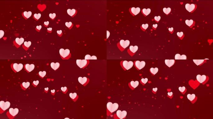 红色和粉红色的心脏漂浮在红色背景上的动画