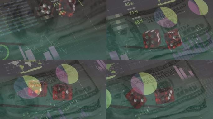 背景中两个骰子和美国美元钞票上的金融数据处理动画