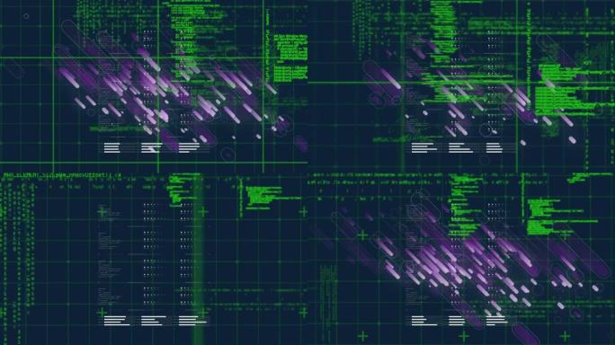 绿色数字网格和数据处理界面上的紫色烟花动画