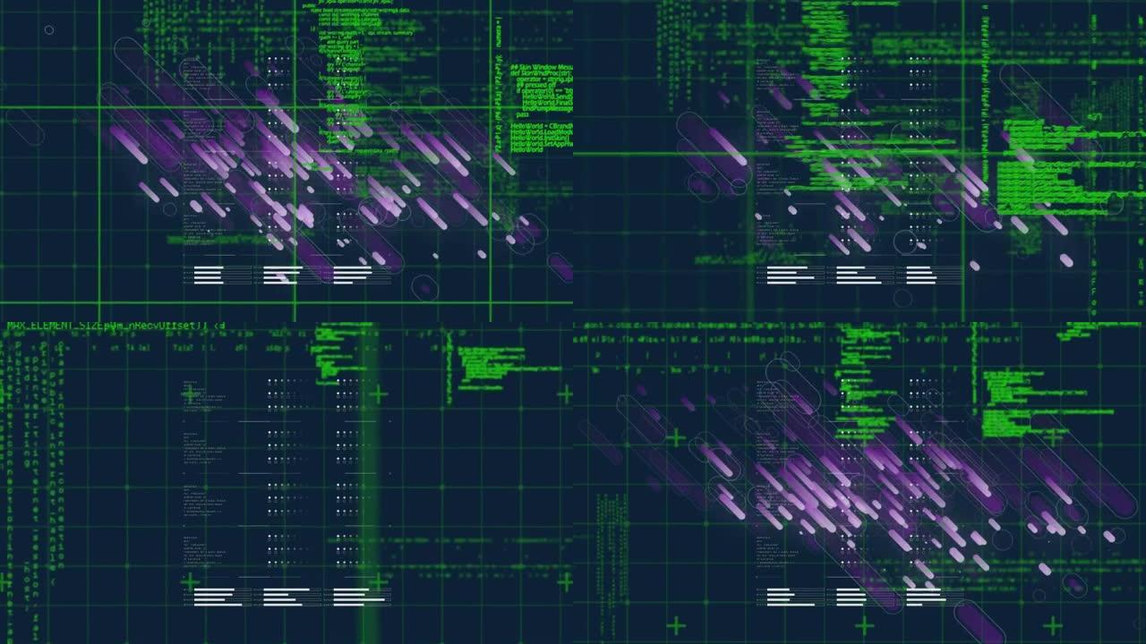 绿色数字网格和数据处理界面上的紫色烟花动画