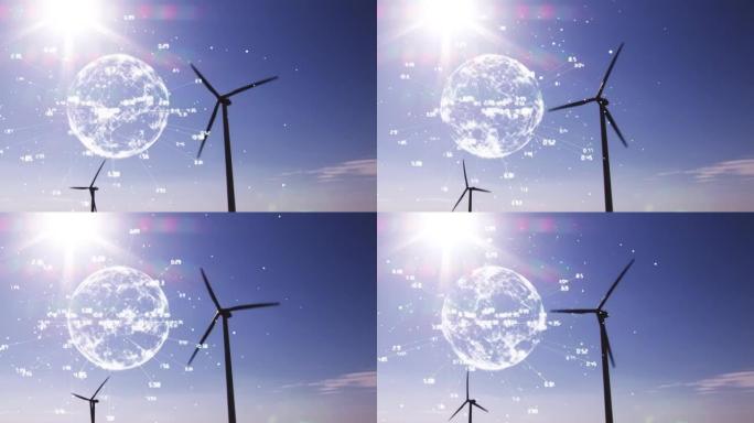 带有乡村风力涡轮机数量的地球仪动画
