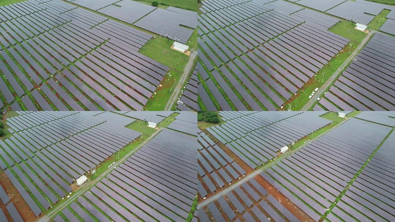 空中无人机飞行飞越太阳能电池板领域泰国可再生绿色替代能源概念