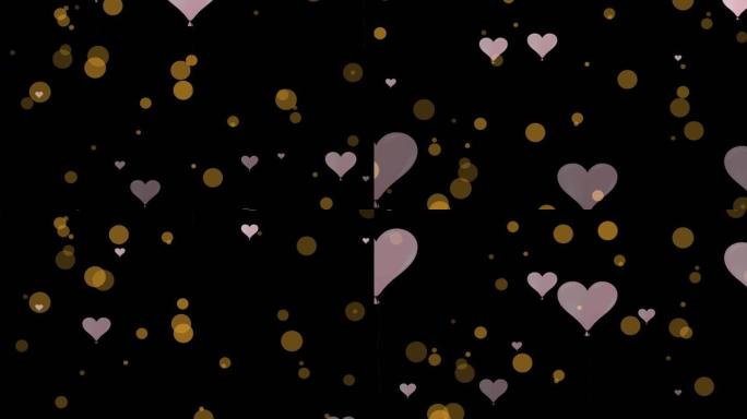 黑色背景上漂浮着金色斑点的粉红色心脏动画