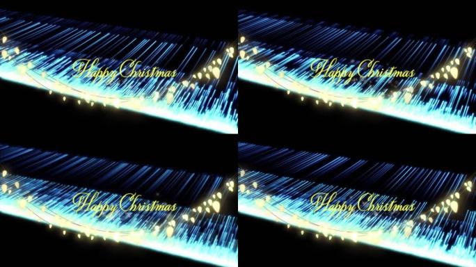 童话般的灯光和蓝光小径上的圣诞节快乐文字动画