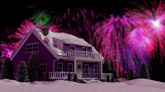 粉红色的圣诞节和新年烟花在雪中房屋的夜空中爆炸的动画