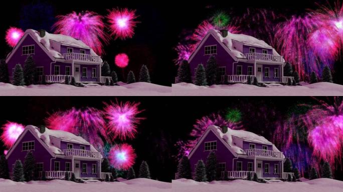 粉红色的圣诞节和新年烟花在雪中房屋的夜空中爆炸的动画
