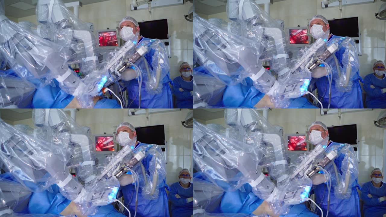 未来手术室的外科医生。未来医院手术室自动化机器人手机和外科医生