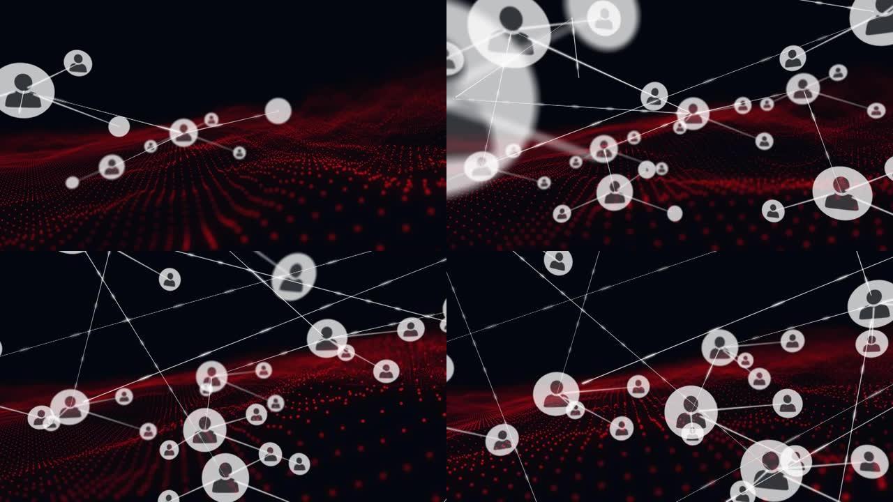 红色网格上带有数字图标的连接网络动画