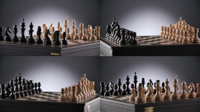 旋转棋盘上有白色和黑色木制棋子的线条