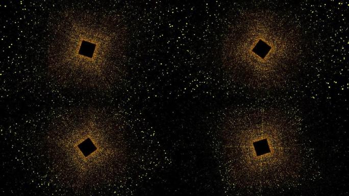 抽象的空间隧道，有一个被数百万个闪亮粒子包围的正方形。动。被太空尘埃包围的旋转黑色正方形。