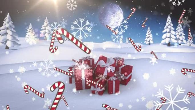 冬季景观上的多个糖果手杖图标和雪花落在圣诞礼物上