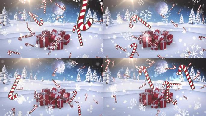 冬季景观上的多个糖果手杖图标和雪花落在圣诞礼物上
