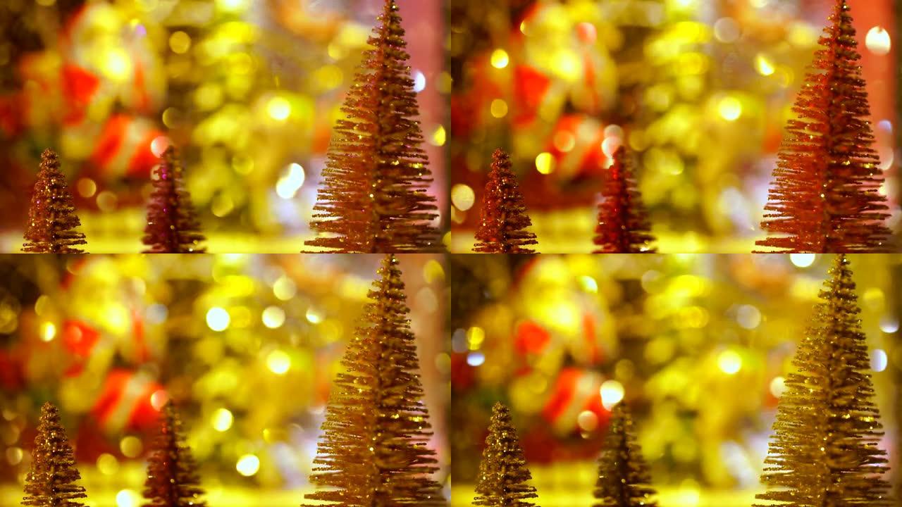 散落在圣诞树上的闪光的慢动作镜头