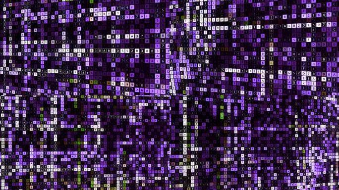 背景有很多变化的数字。动画。具有数字的多色细胞在电子领域变化和移动。生成的随机数和字母的明亮背景。