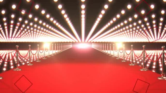 用狗仔队闪光灯在红地毯场地上制作红色万花筒形状的动画