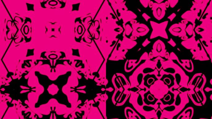 抽象粉色几何无缝图案背景。抽象条纹万花筒环。快速迷幻彩色万花筒VJ背景。迪斯科抽象运动背景。万花筒效