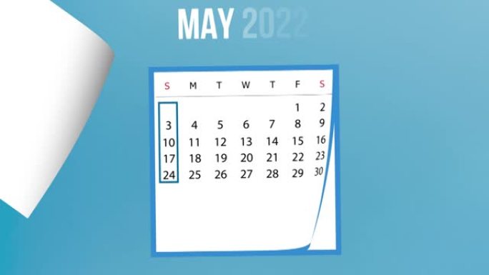 2022 5月日历在4k分辨率的蓝色背景下翻页动画