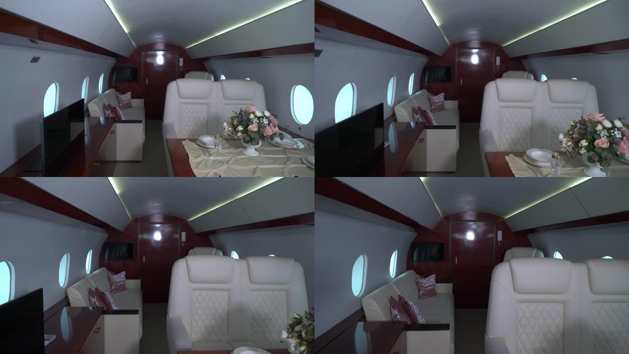 私人豪华贵宾飞机的内部客舱。飞机内部