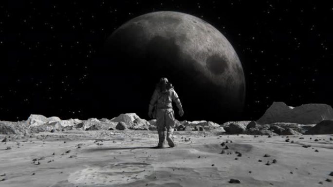 勇敢的宇航员穿着太空服自信地在太空星球上走向月球，被岩石覆盖。太空星球上的第一位宇航员。人类的重要时