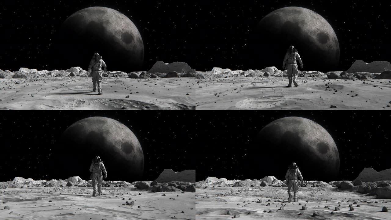 勇敢的宇航员穿着太空服自信地在太空星球上走向月球，被岩石覆盖。太空星球上的第一位宇航员。人类的重要时
