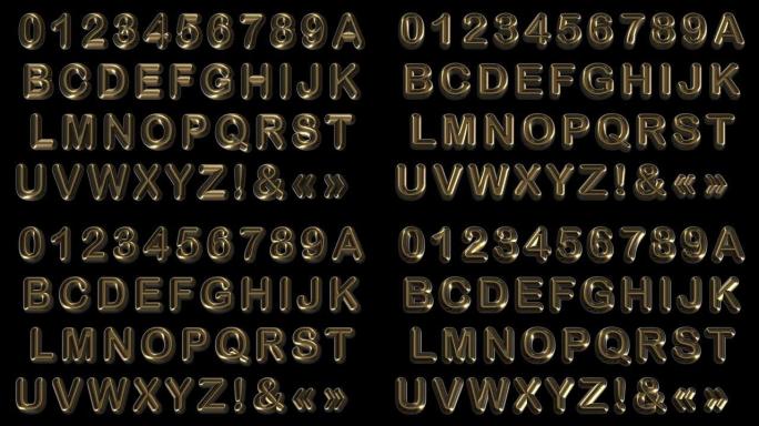 金字母表。3d。体积圆角字体玩金色。动画字母将被组装成铭文。