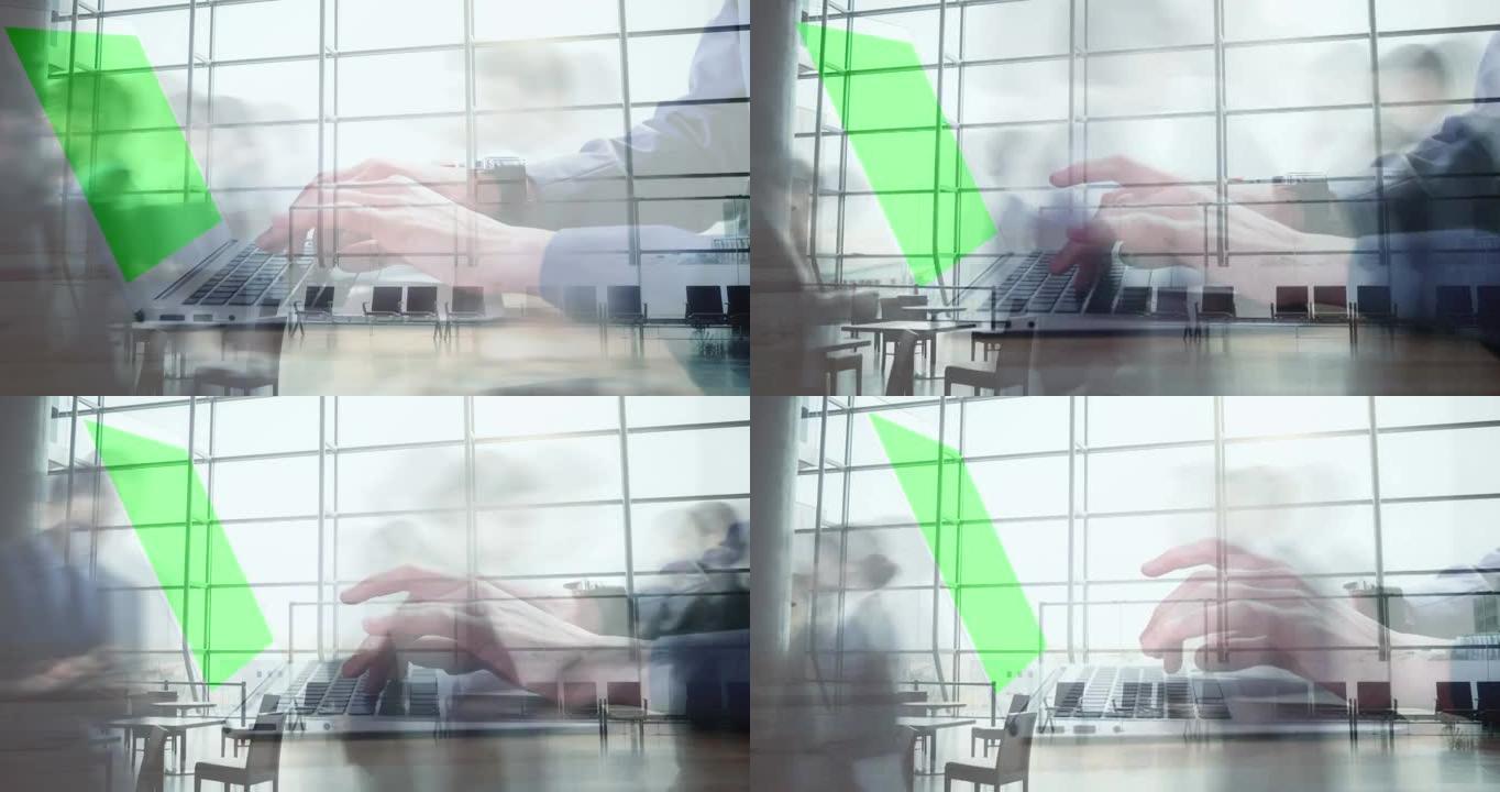 使用带有绿屏的笔记本电脑的女人的手的动画加速了通勤者在城市中的行走