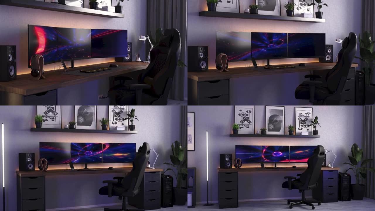 游戏室配有网络游戏玩家电脑。霓虹灯的3d动画