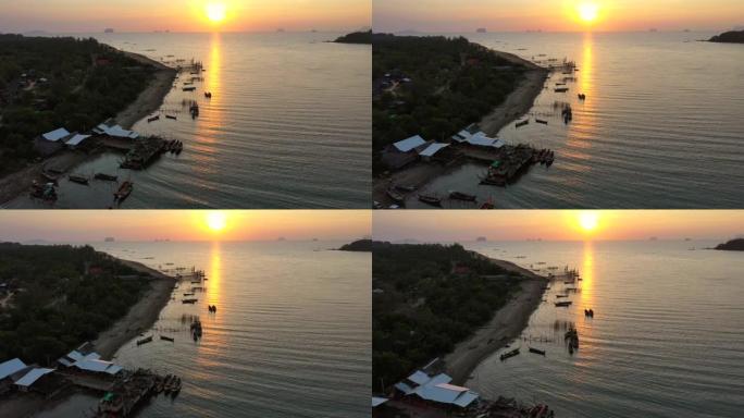 空中无人机视图泰国沙敦省红树林福雷斯特运河和渔村的日出场景