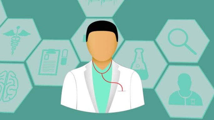 绿色背景上的医生图标在医学图标上的动画