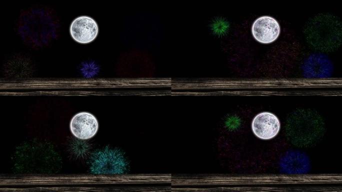 满月动画，色彩鲜艳的圣诞节和新年烟花在夜空中爆炸