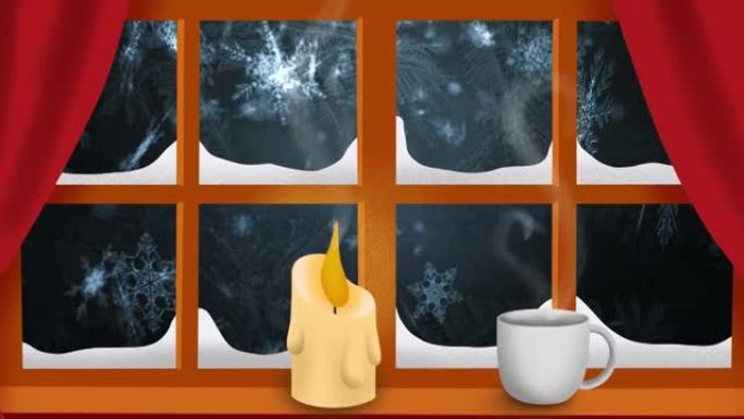 在飘落在灰色背景下的雪花上，在窗框上燃烧蜡烛和咖啡杯