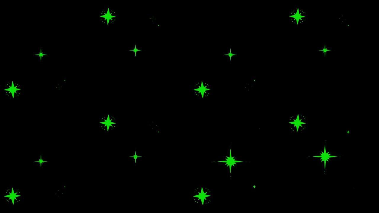 动画绿色星星在黑色背景上闪闪发光。