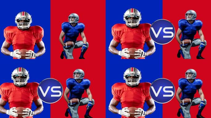 来自红色和蓝色背景的两支球队的美式足球运动员的vs文本动画