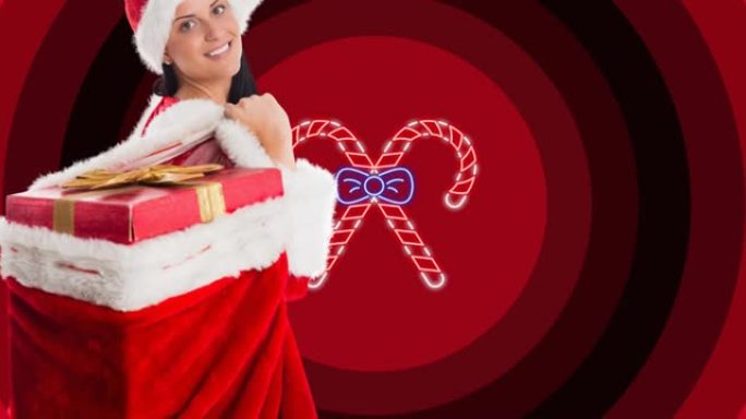 穿着圣诞老人服装的女人的动画，在红色圆圈上的糖果棒上放了一袋圣诞礼物