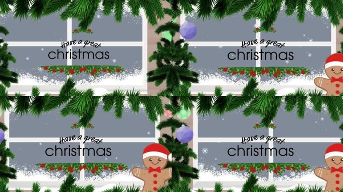 在枞树和窗户上有一个很棒的圣诞节文本的动画