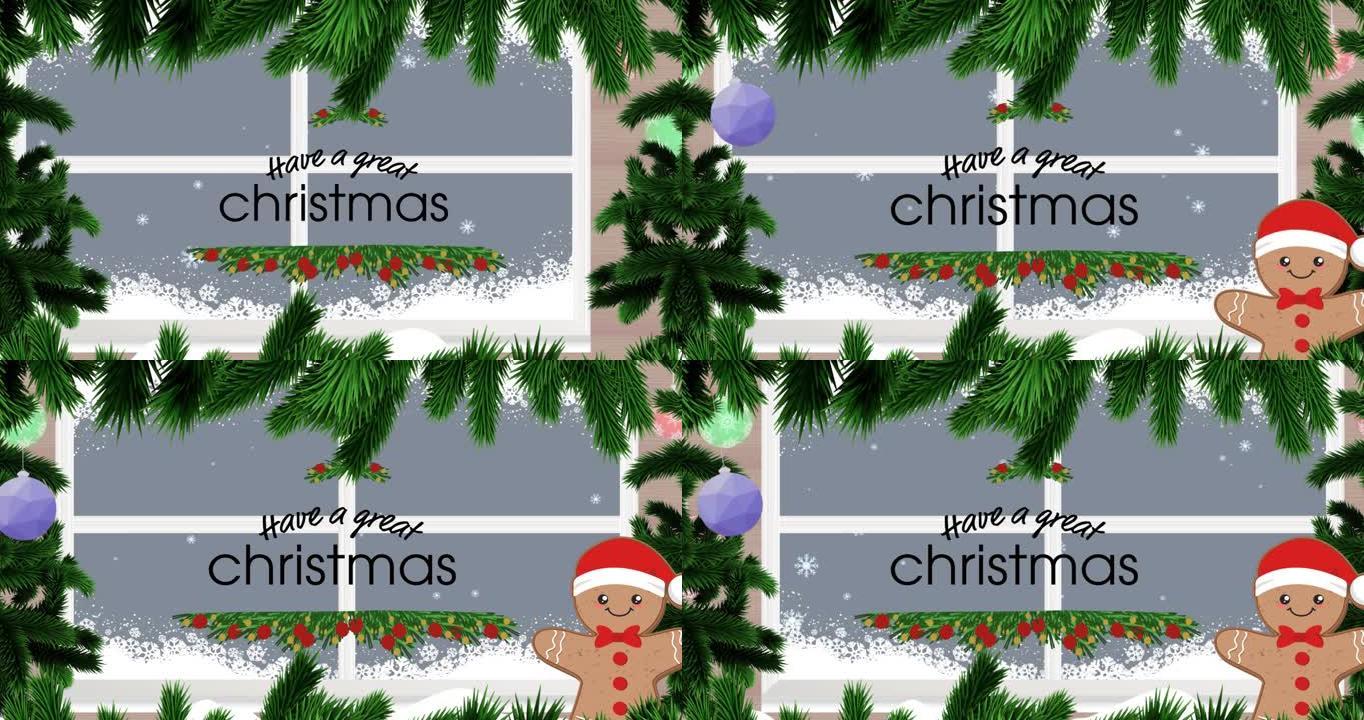 在枞树和窗户上有一个很棒的圣诞节文本的动画