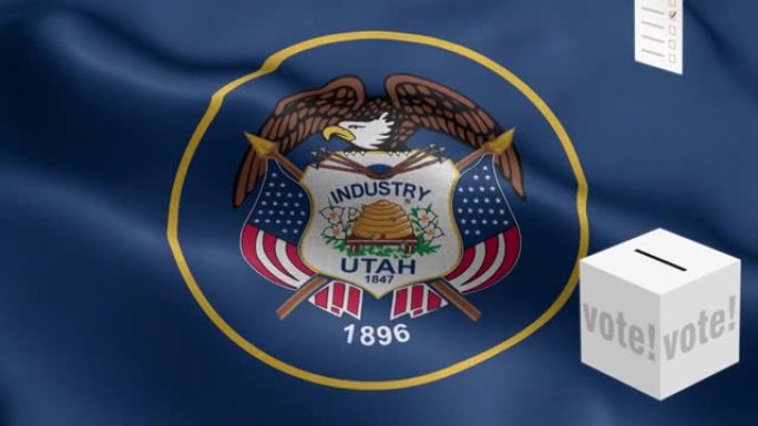 犹他州-选票飞到箱子为犹他州选择-票箱在国旗前-选举-投票-国旗犹他州州波图案循环元素-织物纹理和无