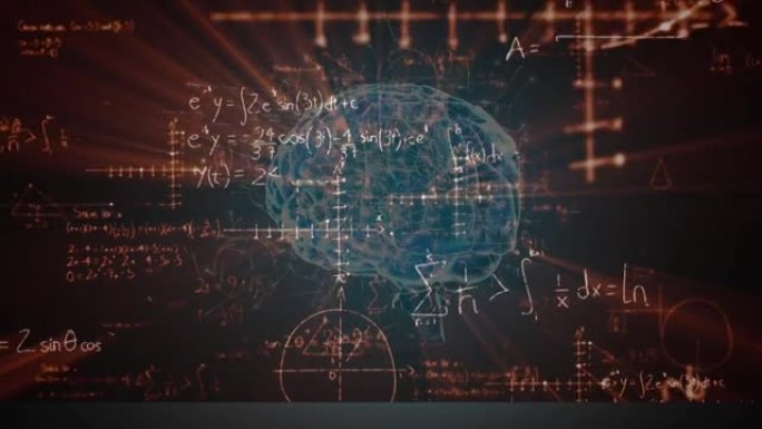 人脑在黑板上的数学方程式上旋转的动画
