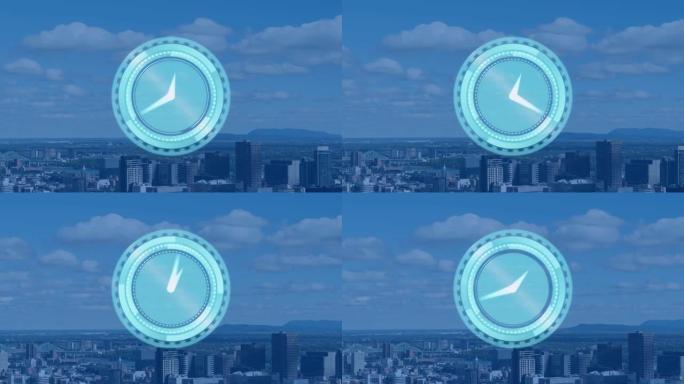 时钟在城市景观上快速移动的动画