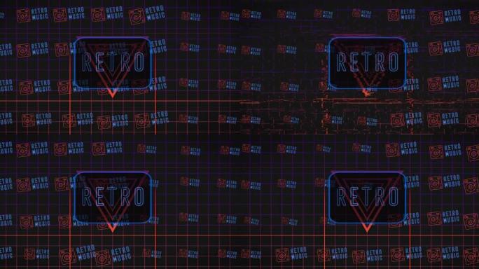 霓虹灯字母在霓虹灯框架和网格上移动复古文本的动画