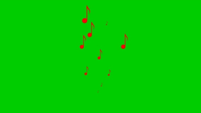 动画红色音符从下到上飞来飞去。一波飞扬的音符。音乐、歌曲、旋律的概念。矢量插图孤立在绿色背景上。