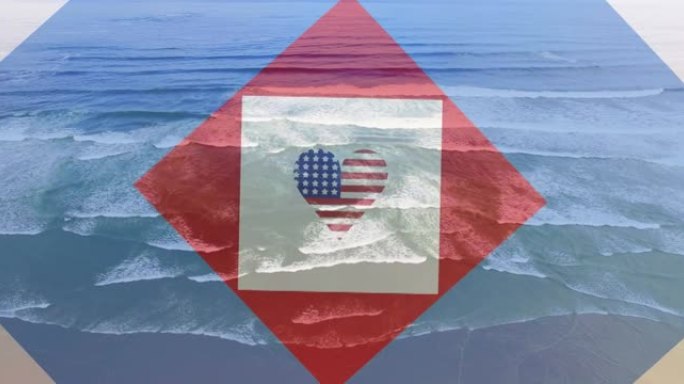动画的美国国旗的心脏形状和红白蓝方块在阳光灿烂的海滩和海洋
